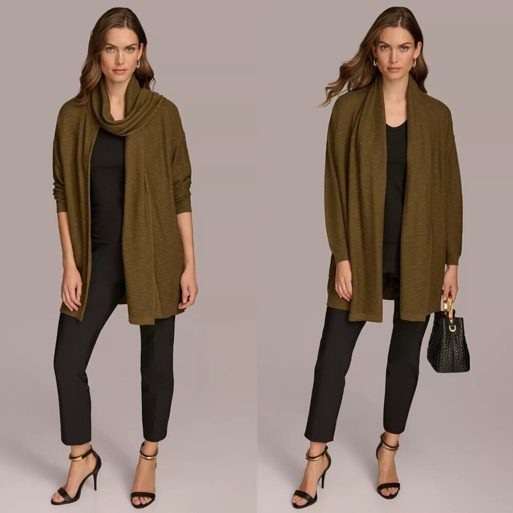 New Donna Karan New York Micro-Sequin Scarf Neck Beech Cardigan Size M